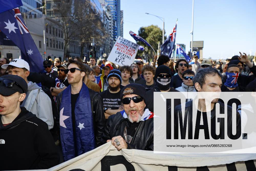 A far-right activist shouts slogans during a far right March for Australia anti-immigration rally..Hundreds of supporters of the far-right group March for Australia marched through Melbourneâ€⠢s CBD as part of a demonstration focused on freedom of speech and political expression, while counter-protesters gathered separately to oppose the march and its political messages. March for Australia organisers called for the repeal of laws they say restrict political communication, an end to government censorship and constitutional protection for freedom of speech. Melbourne Australia - ZUMAs197 20260830_aaa_s197_057