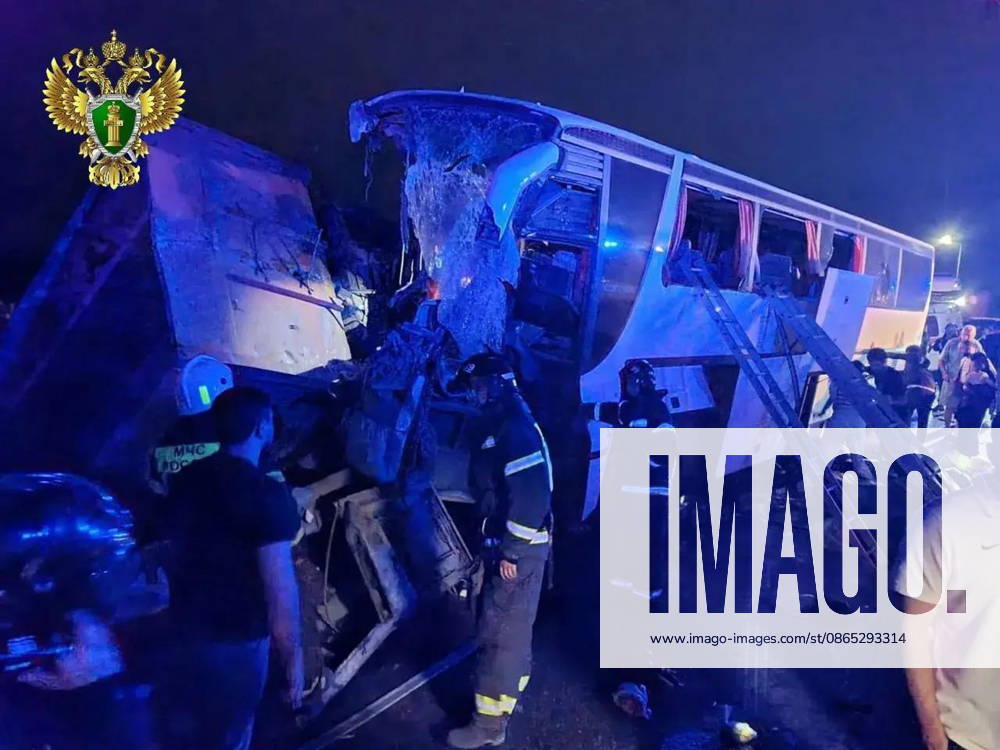 RUSSIA, STAVROPOL REGION - AUGUST 30, 2026: The scene of a road collision involving a pasenger bus. Stavropol Region Prosecutor s Office 96831079