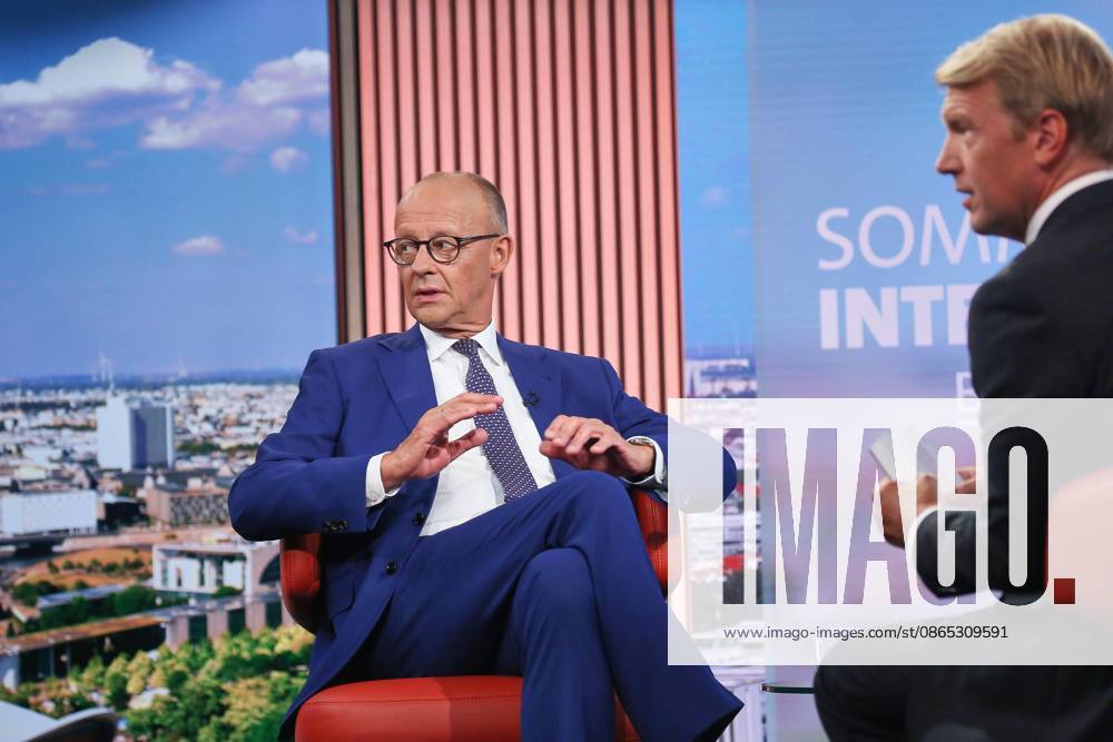 Berlin, Germany, August 30, 2026—ARD Capital Studio Summer Interview: Chancellor Friedrich Merz (CDU) and Markus Preiß during the interview in the studio