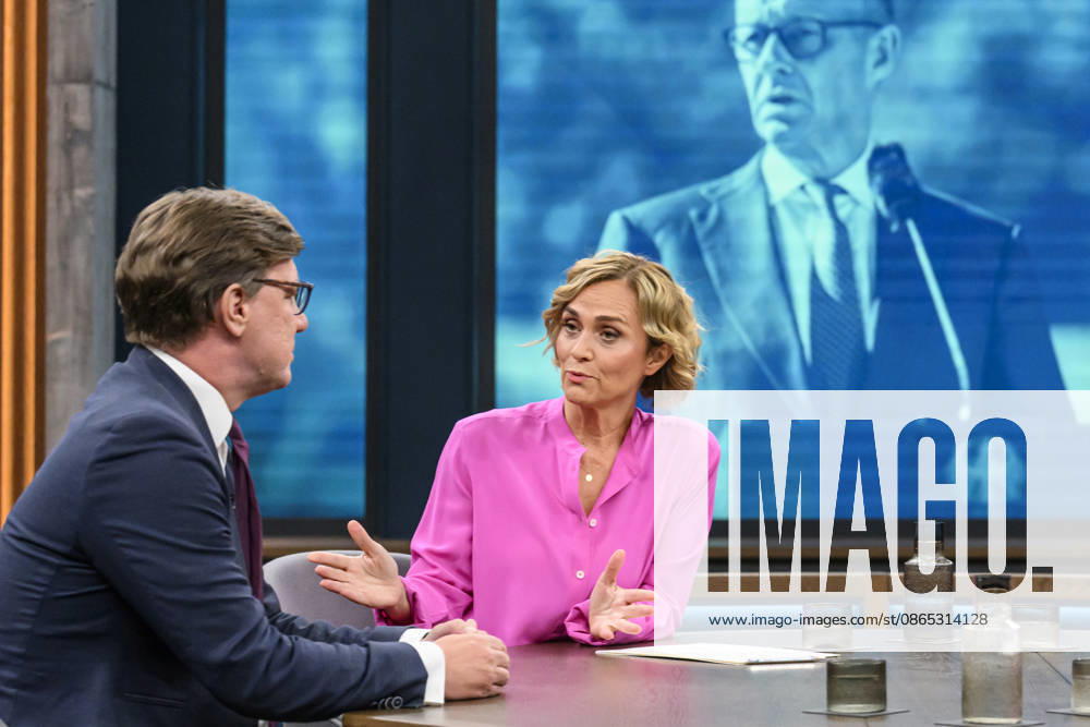 Pictured from left: Nico Lange, Director of the Institute for Risk Analysis and International Security, in conversation with Caren Miosga, GER, Berlin, studio, guest on Caren Miosga’s show, political talk show, TV, program, recording, pre-recorded, Das Erste, from Studio 20 in Adlershof, topic: Russia’s hybrid war—how great is the threat to Germany?, August 30, 2026,