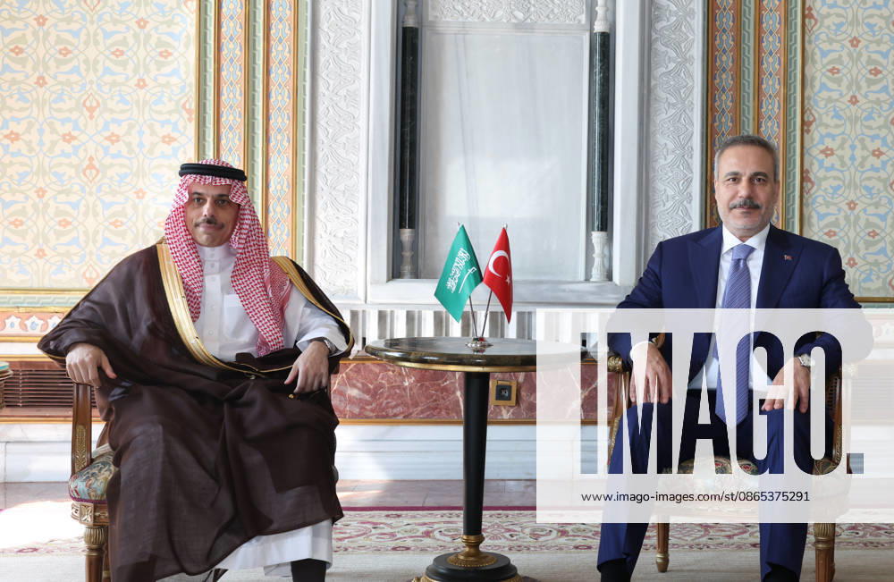 Turkish Foreign Minister Hakan Fidan meets Saudi counterpart Faisal bin Farhan in Istanbul ISTANBUL, TURKIYE - AUGUST 31: (---- MANDATORY CREDIT - TURKISH FOREIGN MINISTRY HANDOUT - NO MARKETING NO ADVERTISING CAMPAIGNS - DISTRIBUTED AS A SERVICE TO CLIENTS----) Turkish Foreign Minister Hakan Fidan (R) meets with Saudi Arabian Foreign Minister Faisal bin Farhan Al Saud (L) in Istanbul, Turkiye, on the sidelines of the first meeting of the Strategic Political and Defense Committee, established under the Mecca Joint Defense Agreement. Turkish Foreign Ministry Handout Anadolu Istanbul Turkey. Editorial use only. Please get in touch for any other usage.