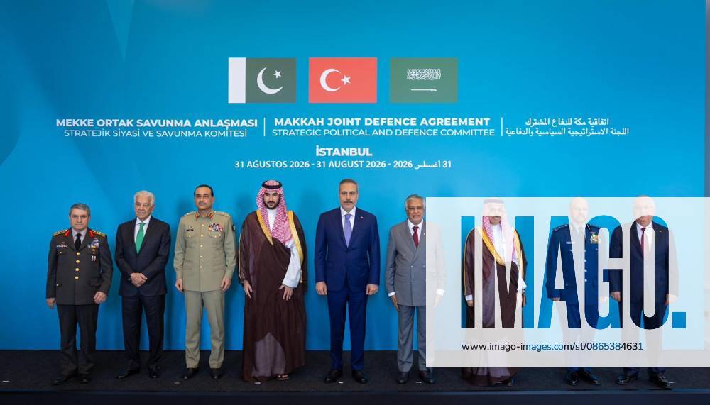 First committee meeting of Mecca Joint Defense Agreement begins in Istanbul ISTANBUL, TURKIYE - AUGUST 31: (---- MANDATORY CREDIT - TURKISH FOREIGN MINISTRY HANDOUT - NO MARKETING NO ADVERTISING CAMPAIGNS - DISTRIBUTED AS A SERVICE TO CLIENTS----) Turkish Foreign Minister Hakan Fidan, Turkish National Defense Minister Yasar Guler, Turkish Chief of General Staff Gen. Selcuk Bayraktaroglu, Pakistani Foreign Minister Muhammad Ishaq Dar, Pakistani Defense Minister Khawaja Muhammad Asif, Pakistani Chief of Army Staff Field Marshal Asim Munir, Saudi Foreign Minister Faisal bin Farhan, Saudi Defense Minister Khalid bin Salman and Saudi Chief of General Staff Gen. Fayyadh bin Hamed Al-Ruwaili attend the first meeting of the St