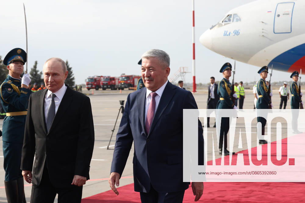 Kyrgyzstan Putin SCO Summit 9231769 31.08.2026 Russian President Vladimir Putin is welcomed by Kyrgyz Prime Minister - Head of the Presidential Administration Adylbek Kasymaliev upon arrival at the Manas International Airport in Bishkek, Kyrgyzstan. Putin arrived in the Kyrgyz capital on August 31 to attend the Shanghai Cooperation Organization (SCO) summit. Konstantin Zavrazhin Sputnik Bishkek Kyrgyzstan