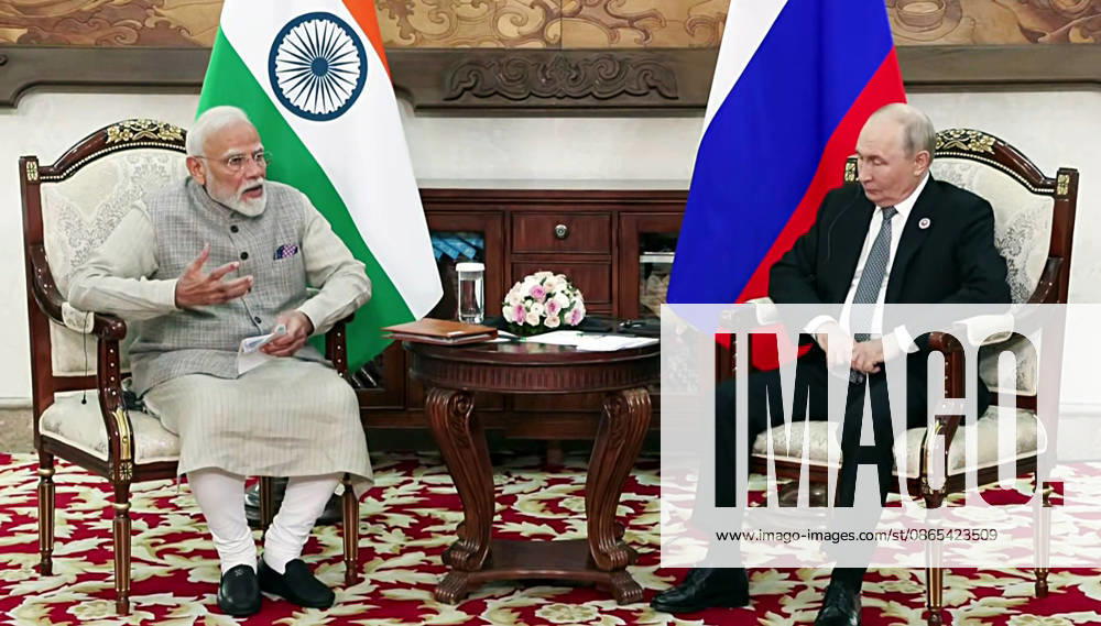 Bilateral Talks Between PM Modi & President Vladimir Putin Bishkek Kyrgyzstan , Aug 31 (ANI): Prime Minister Narendra Modi and Russian President Vladimir Putin hold bilateral talks on the sidelines of the Shanghai Cooperation Organization (SCO) summit, in Bishkek on Monday. (DD ANI Video Grab) Bishkek Kyrgyzstan