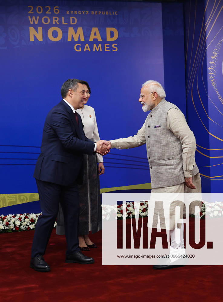 PM Modi attends the opening ceremony of the 6th World Nomad Games Bishkek Kyrgyzstan , Aug 31 (ANI): Prime Minister Narendra Modi being welcomed by Kyrgyz President Sadyr Japarov and his wife, Aigul Japarova, as he arrives at Bishkek Arena Stadium to attend the opening ceremony of the 6th World Nomad Games, in Bishkek on Monday. (DPR PMO ANI Photo) Bishkek Kyrgyzstan