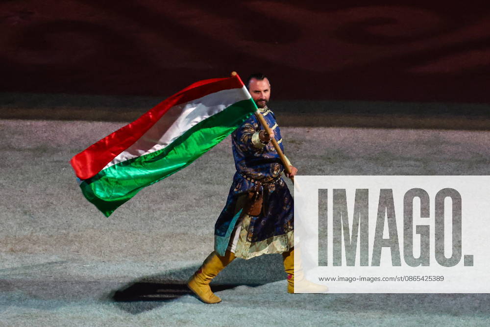 KYRGYZSTAN, BISHKEK - AUGUST 31, 2026: A man carries a national flag of India during a ceremony to open the 2026 World Nomad Games at Bishkek Arena. Kirill Kukhmar TASS 96913398
