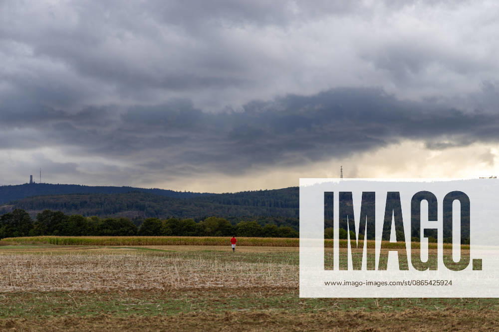 Showery weather in late summer: Dark clouds from a shower are visible in the evening sky over the Taunus Mountains, Oberursel, Hesse, Germany