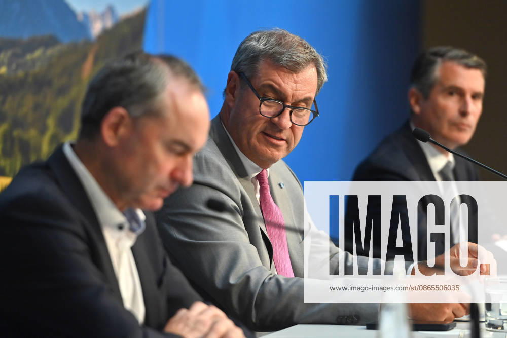 From left: Hubert AIWANGER, Free Voters, Bavarian Minister of Economic Affairs, Markus SOEDER, Minister-President of Bavaria and CSU Chairman, Eric BEISSWENGER, Press conference of the Bavarian State Government following the cabinet meeting on September 1, 2026, at the Prinz Carl Palais in Munich