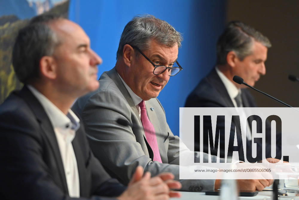 From left: Hubert AIWANGER, Free Voters, Bavarian Minister of Economic Affairs, Markus SOEDER, Minister-President of Bavaria and CSU Chairman, Eric BEISSWENGER, Press conference of the Bavarian State Government following the cabinet meeting on September 1, 2026, at the Prinz Carl Palais in Munich