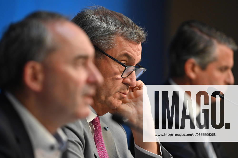 From left: Hubert AIWANGER, Free Voters, Bavarian Minister of Economic Affairs, Markus SOEDER, Minister-President of Bavaria and CSU Chairman, Eric BEISSWENGER, Press conference of the Bavarian State Government following the cabinet meeting on September 1, 2026, at the Prinz Carl Palais in Munich