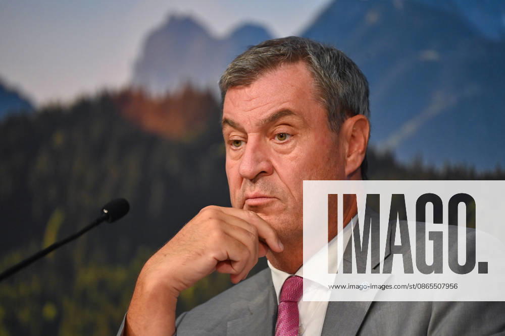 Markus SOEDER, Minister-President of Bavaria and CSU Chairman, gesturing, skeptical, pensive, single frame, cropped close-up, portrait,Portrait: Press conference of the Bavarian State Government following the cabinet meeting on September 1, 2026, at the Prinz Carl Palais in Munich