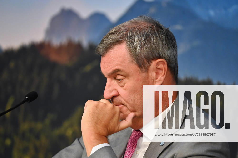 Markus SOEDER, Minister-President of Bavaria and CSU Chairman, gesturing, skeptical, pensive, single frame, cropped close-up, portrait,Portrait: Press conference of the Bavarian State Government following the cabinet meeting on September 1, 2026, at the Prinz Carl Palais in Munich