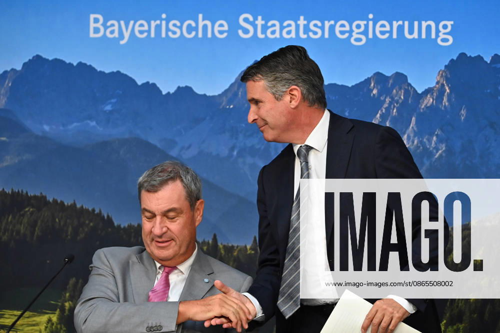From left: Markus SOEDER, Minister-President of Bavaria and CSU Chairman, and Eric BEISSWENGER, Minister for European Affairs, shaking hands at a press conference held by the Bavarian State Government following a cabinet meeting on September 1, 2026, at the Prinz Carl Palais in Munich