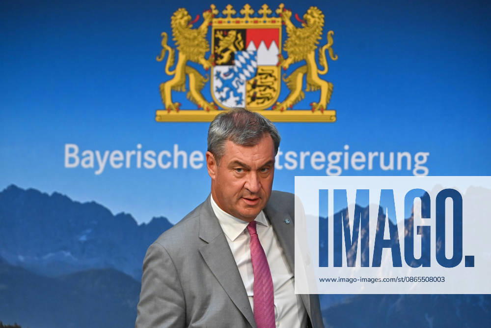 Markus SOEDER, Minister-President of Bavaria and CSU Chairman, and the logo of the Bavarian State Government; single image, cropped close-up, portrait,Portrait: Press conference of the Bavarian State Government following a cabinet meeting on September 1, 2026, at the Prinz Carl Palais in Munich