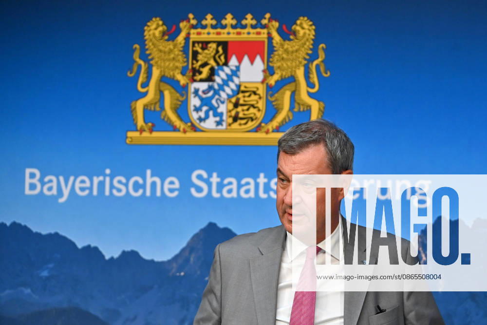 Markus SOEDER, Minister-President of Bavaria and CSU Chairman, and the logo of the Bavarian State Government; single image, cropped close-up, portrait,Portrait: Press conference of the Bavarian State Government following a cabinet meeting on September 1, 2026, at the Prinz Carl Palais in Munich