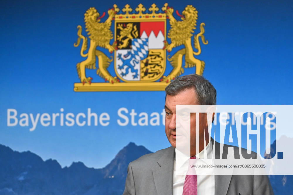 Markus SOEDER, Minister-President of Bavaria and CSU Chairman, and the logo of the Bavarian State Government; single image, cropped close-up, portrait,Portrait: Press conference of the Bavarian State Government following a cabinet meeting on September 1, 2026, at the Prinz Carl Palais in Munich