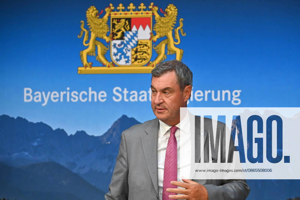 Markus SOEDER, Minister-President of Bavaria and CSU Chairman, and the logo of the Bavarian State Government; single image, cropped close-up, portrait,Portrait: Press conference of the Bavarian State Government following a cabinet meeting on September 1, 2026, at the Prinz Carl Palais in Munich