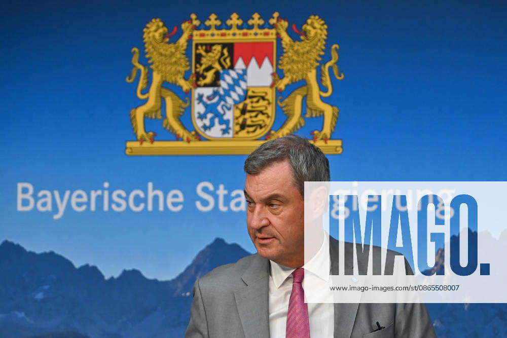 Markus SOEDER, Minister-President of Bavaria and CSU Chairman, and the logo of the Bavarian State Government; single image, cropped close-up, portrait,Portrait: Press conference of the Bavarian State Government following a cabinet meeting on September 1, 2026, at the Prinz Carl Palais in Munich