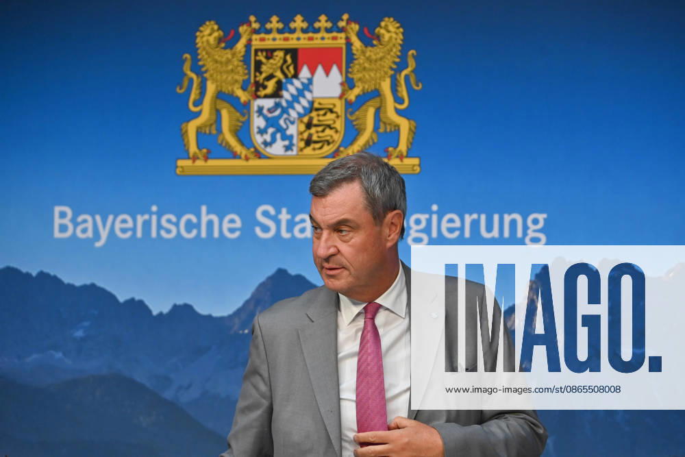 Markus SOEDER, Minister-President of Bavaria and CSU Chairman, and the logo of the Bavarian State Government; single image, cropped close-up, portrait,Portrait: Press conference of the Bavarian State Government following a cabinet meeting on September 1, 2026, at the Prinz Carl Palais in Munich