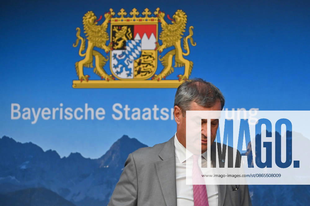 Markus SOEDER, Minister-President of Bavaria and CSU Chairman, and the logo of the Bavarian State Government; single image, cropped close-up, portrait,Portrait: Press conference of the Bavarian State Government following a cabinet meeting on September 1, 2026, at the Prinz Carl Palais in Munich