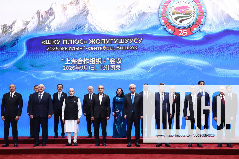 Leaders and senior representatives pose for a group photograph before the Shanghai Cooperation Organization (SCO) Plus meeting at the Yrys Ordo Congress Hall in Bishkek, Kyrgyzstan on Tuesday on September 1, 2026. photo by Iranian Presidency KER2029090114 IranianxPresidency