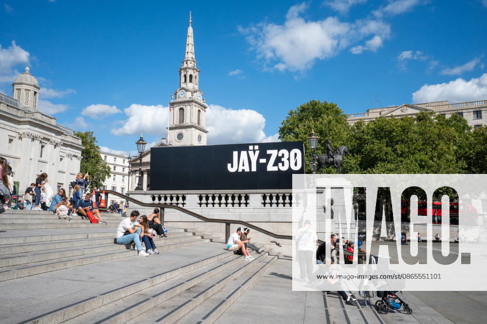 JAY-Z30 Pop Up Art Installation London, UK - 01 Sep 2026 People seen on stairs near the JAY-Z30 installation, in Trafalgar Square. An immersive Jay-Z30 installation will be displayed in Trafalgar Square, London, from September 1 to 5, celebrating the rapper’s upcoming Jay-Z 30 tour and two concerts at Tottenham Hotspur Stadium from September 4 to 5. Marking 30 years since his debut album, Reasonable Doubt, and 25 years since The Blueprint, visitors walked through and past the art installation, which featured vintage televisions screening music videos, performances and period programming, while others waited in line to purchase merchandise. London United Kingdom