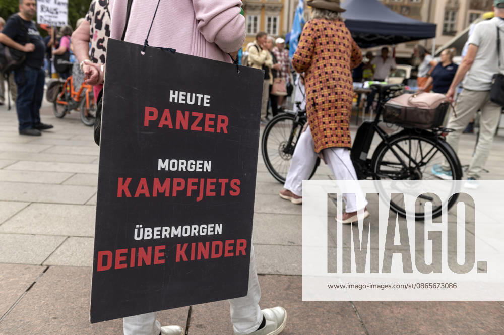 München Munich Germany 2nd September 2026 On the Marienplatz in the centre of the Bavarian city a peace demonstration and march takes place in the early evening. Heute Panzer. Morgen Kampfjets. übermorgen deine Kinder.
