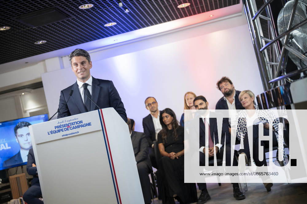 Gabriel Attal Present His Campaign Team - Paris General Secretary of French centrist party Renaissance and upcoming presidential election candidate Gabriel Attal during a press conference to present his campaign team (back) at the Renaissance headquarters in Paris on September 3, 2026. Photo by Eliot Blondet ABACAPRESS.COM Paris France France