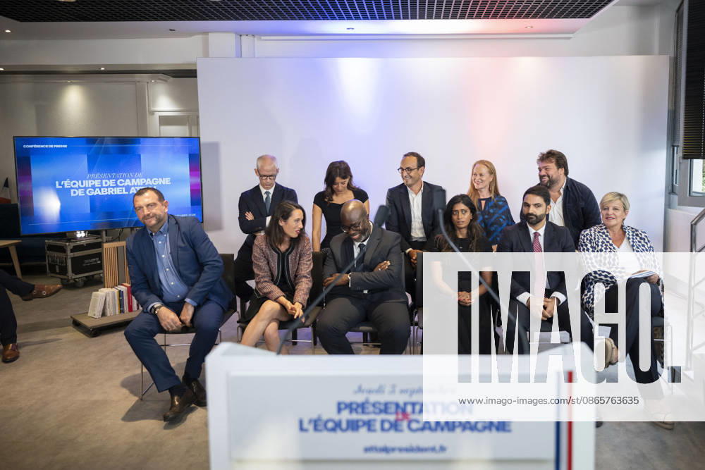 Gabriel Attal Present His Campaign Team - Paris General Secretary of French centrist party Renaissance and upcoming presidential election candidate Gabriel Attal during a press conference to present his campaign team (Maxime Cordier Franck Riester Fanny Anor Those Cazenave Prisca Thevenot Celine Geraud Jean Charles Orsucci Violette Spillebout Abdoulaye Kante Had Zahab Rachel Flore Pardo ) at the Renaissance headquarters in Paris on September 3, 2026. Photo by Eliot Blondet ABACAPRESS.COM Paris France France