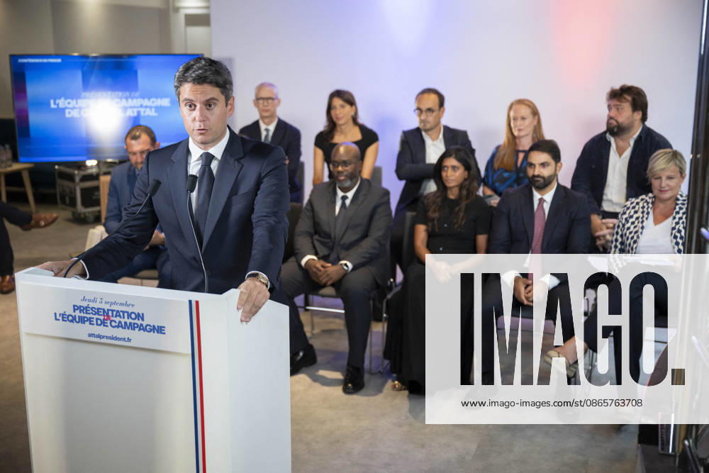 Gabriel Attal Present His Campaign Team - Paris General Secretary of French centrist party Renaissance and upcoming presidential election candidate Gabriel Attal during a press conference to present his campaign team (Maxime Cordier Franck Riester Fanny Anor Those Cazenave Prisca Thevenot Celine Geraud Jean Charles Orsucci Violette Spillebout Abdoulaye Kante Had Zahab Rachel Flore Pardo ) at the Renaissance headquarters in Paris on September 3, 2026. Photo by Eliot Blondet ABACAPRESS.COM Paris France France