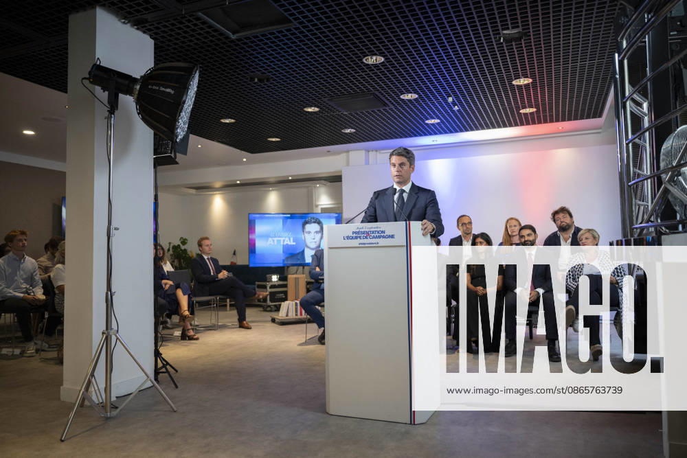 Gabriel Attal Present His Campaign Team - Paris General Secretary of French centrist party Renaissance and upcoming presidential election candidate Gabriel Attal during a press conference to present his campaign team (back) at the Renaissance headquarters in Paris on September 3, 2026. Photo by Eliot Blondet ABACAPRESS.COM Paris France France