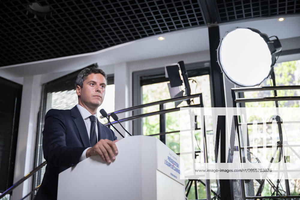 Gabriel Attal Present His Campaign Team - Paris General Secretary of French centrist party Renaissance and upcoming presidential election candidate Gabriel Attal during a press conference to present his campaign team (back) at the Renaissance headquarters in Paris on September 3, 2026. Photo by Eliot Blondet ABACAPRESS.COM Paris France France