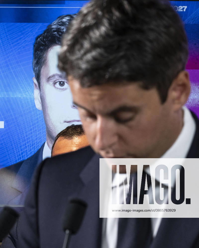 Gabriel Attal Present His Campaign Team - Paris General Secretary of French centrist party Renaissance and upcoming presidential election candidate Gabriel Attal during a press conference to present his campaign team (back) at the Renaissance headquarters in Paris on September 3, 2026. Photo by Eliot Blondet ABACAPRESS.COM Paris France France