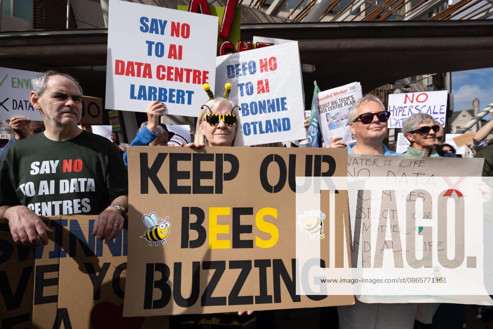 Campaign group Action To Protect Rural Scotland, along with representatives from fourteen local campaign groups opposed to proposed AI data centres, held a protest outside the Scottish Parliament in Edinburgh. Campaigners are calling for an immediate moratorium on hyperscale data centres, arguing that they could place unprecedented demands on Scotlands electricity infrastructure and have environmental consequences for nearby communities. Edinburgh UK - ZUMAs357 20260903_zip_s357_005