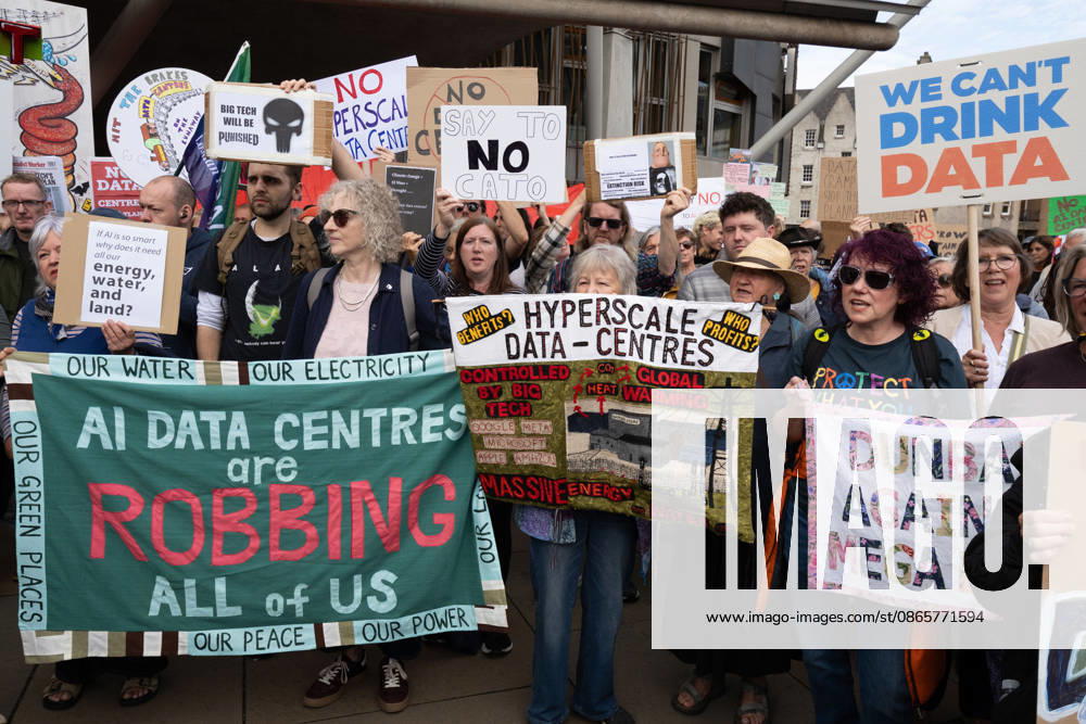 Campaign group Action To Protect Rural Scotland, along with representatives from fourteen local campaign groups opposed to proposed AI data centres, held a protest outside the Scottish Parliament in Edinburgh. Campaigners are calling for an immediate moratorium on hyperscale data centres, arguing that they could place unprecedented demands on Scotlands electricity infrastructure and have environmental consequences for nearby communities. Edinburgh UK - ZUMAs357 20260903_zip_s357_014