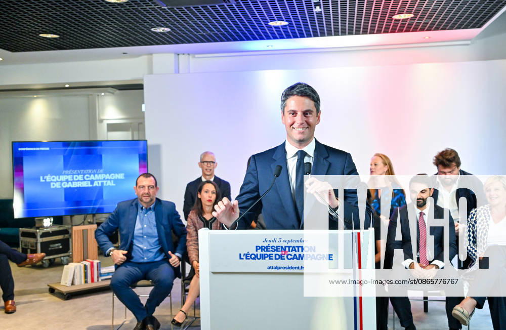 Gabriel Attal, secretary-general of the Renaissance party and candidate in the upcoming presidential election, speaks at a press conference to introduce his campaign team at the Renaissance headquarters in Paris, France, on September 3, 2026 Christian Liewig Bestimage General Secretary of the French centrist party Renaissance and upcoming presidential election candidate Gabriel Attal during a press conference to present his campaign team at the Renaissance headquarters in Paris, France, on September 3, 2026 Paris, France