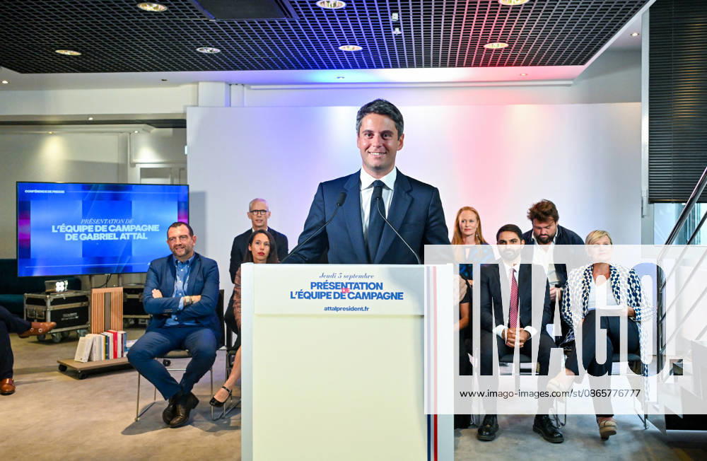 Gabriel Attal, secretary-general of the Renaissance party and candidate in the upcoming presidential election, speaks at a press conference to introduce his campaign team at Renaissance headquarters in Paris, France, on September 3, 2026 Christian Liewig Bestimage General Secretary of the French centrist party Renaissance and upcoming presidential election candidate Gabriel Attal during a press conference to present his campaign team at the Renaissance headquarters in Paris, France, on September 3, 2026 Paris France