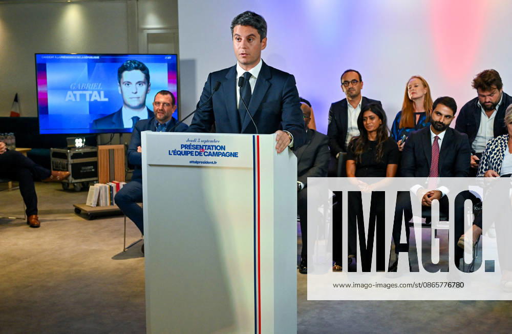Gabriel Attal, secretary-general of the Renaissance party and candidate in the upcoming presidential election, speaks at a press conference to introduce his campaign team at Renaissance headquarters in Paris, France, on September 3, 2026 Christian Liewig Bestimage General Secretary of the French centrist party Renaissance and upcoming presidential election candidate Gabriel Attal during a press conference to present his campaign team at the Renaissance headquarters in Paris, France, on September 3, 2026 Paris France
