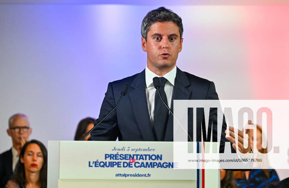 Gabriel Attal, secretary-general of the Renaissance party and candidate in the upcoming presidential election, speaks at a press conference to introduce his campaign team at the Renaissance headquarters in Paris, France, on September 3, 2026 Christian Liewig Bestimage General Secretary of the French centrist party Renaissance and upcoming presidential election candidate Gabriel Attal during a press conference to present his campaign team at the Renaissance headquarters in Paris, France, on September 3, 2026 Paris France