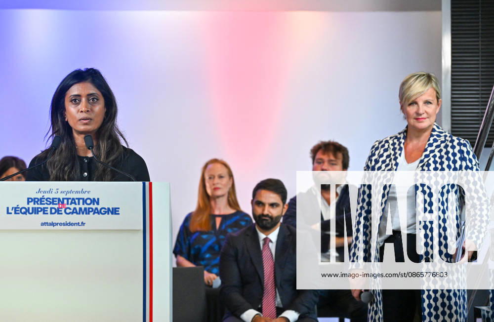 Prisca Thévenot, a member of the National Assembly for Ensemble pour la République and a member of the Renaissance party’s presidential campaign team, and Céline Géraud, a former judoka and French television host. Gabriel Attal, secretary-general of the Renaissance party and candidate in the upcoming presidential election, speaks at a press conference to introduce his campaign team at the Renaissance headquarters in Paris, France, on September 3, 2026 Christian Liewig Bestimage General Secretary of the French centrist party Renaissance and upcoming presidential election candidate Gabriel Attal during a press conference to present his campaign team at the Renaissance headquarters in Paris, France, on September 3, 2026 Paris, France
