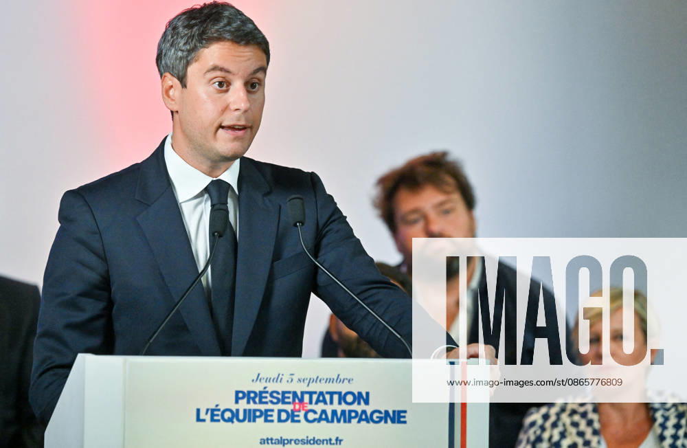 Gabriel Attal, secretary-general of the Renaissance party and candidate in the upcoming presidential election, speaks at a press conference to introduce his campaign team at the Renaissance headquarters in Paris, France, on September 3, 2026 Christian Liewig Bestimage General Secretary of the French centrist party Renaissance and upcoming presidential election candidate Gabriel Attal during a press conference to present his campaign team at the Renaissance headquarters in Paris, France, on September 3, 2026 Paris, France