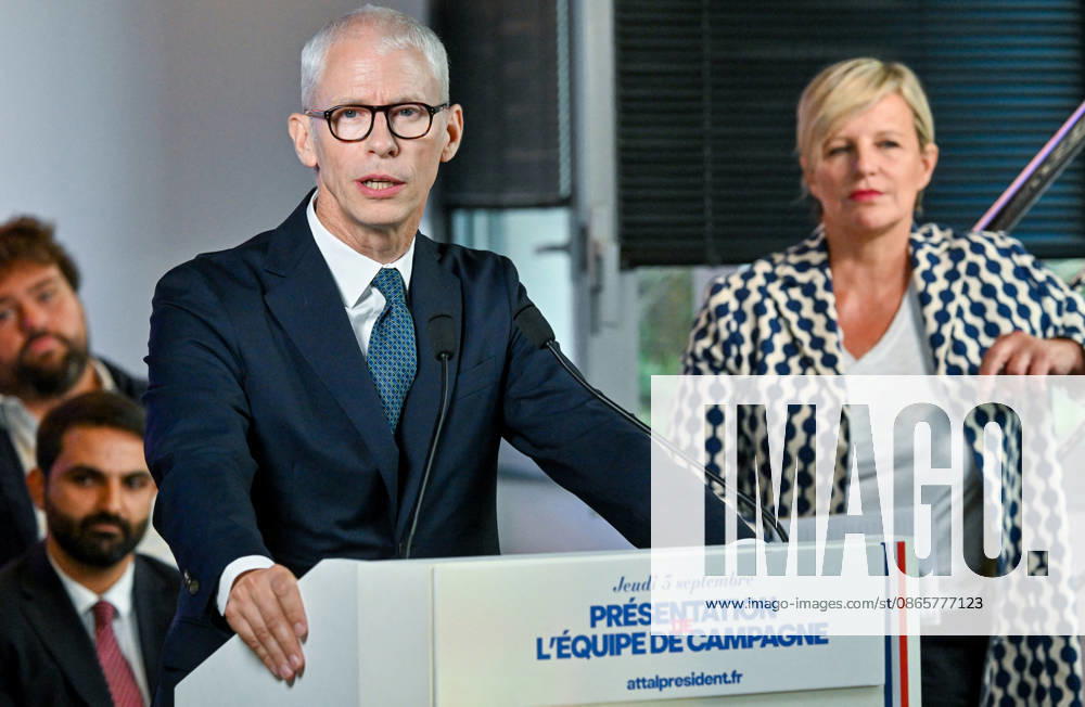Franck Riester, a member of the National Assembly for Ensemble Pour la République and presidential campaign manager for the Renaissance party; Gabriel Attal, secretary-general of the Renaissance party and candidate in the upcoming presidential election, speaks at a press conference to introduce his campaign team at the Renaissance headquarters in Paris, France, on September 3, 2026 Christian Liewig Bestimage General Secretary of the French centrist party Renaissance and upcoming presidential election candidate Gabriel Attal during a press conference to present his campaign team at the Renaissance headquarters in Paris, France, on September 3, 2026 Paris, France