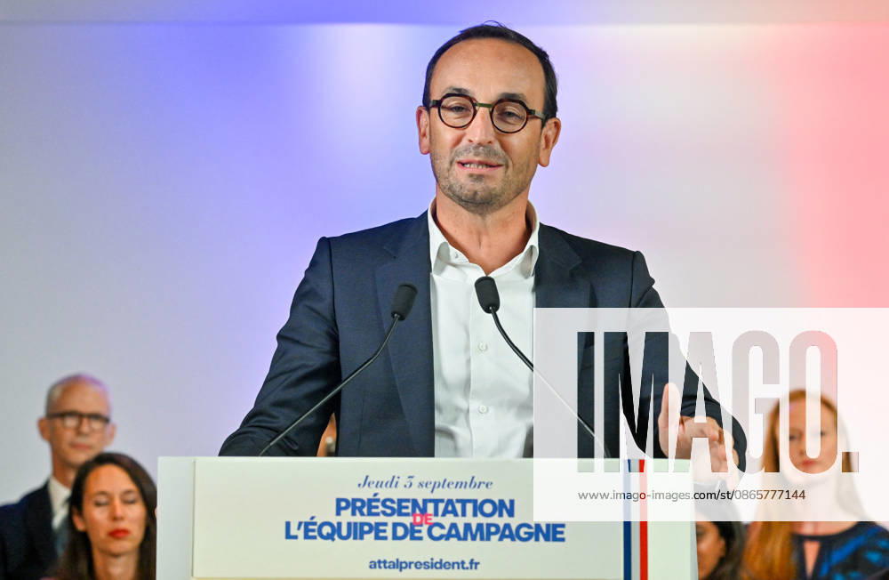 Thomas Cazenave, a member of the National Assembly for Ensemble pour la République and a member of the Renaissance party’s presidential campaign team; Gabriel Attal, secretary-general of the Renaissance party and candidate in the upcoming presidential election, speaks during a press conference to introduce his campaign team at the Renaissance headquarters in Paris, France, on September 3, 2026. Christian Liewig Bestimage General Secretary of the French centrist party Renaissance and upcoming presidential election candidate Gabriel Attal during a press conference to present his campaign team at the Renaissance headquarters in Paris, France, on September 3, 2026. Paris, France