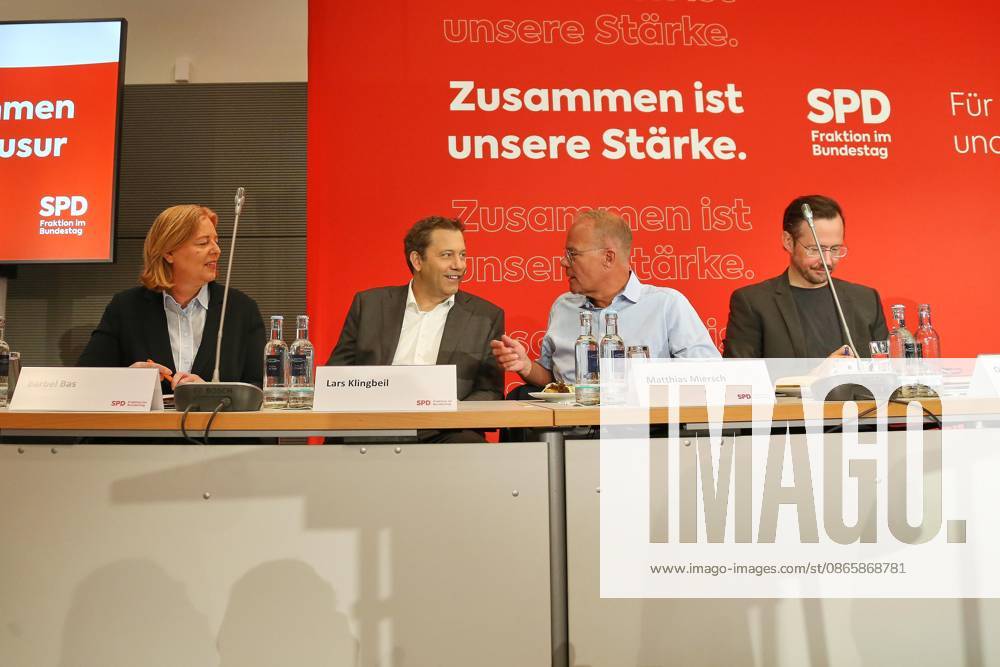 German Bundestag SPD Caucus Meeting Federal Minister of Labor and Social Affairs Bärbel Bas (SPD), Federal Minister of Finance Lars Klingbeil (SPD), Matthias Miersch (SPD), and Dirk Wiese (SPD)