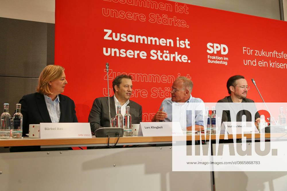 German Bundestag SPD Caucus Meeting Federal Minister of Labor and Social Affairs Bärbel Bas (SPD), Federal Minister of Finance Lars Klingbeil (SPD), Matthias Miersch (SPD), and Dirk Wiese (SPD)