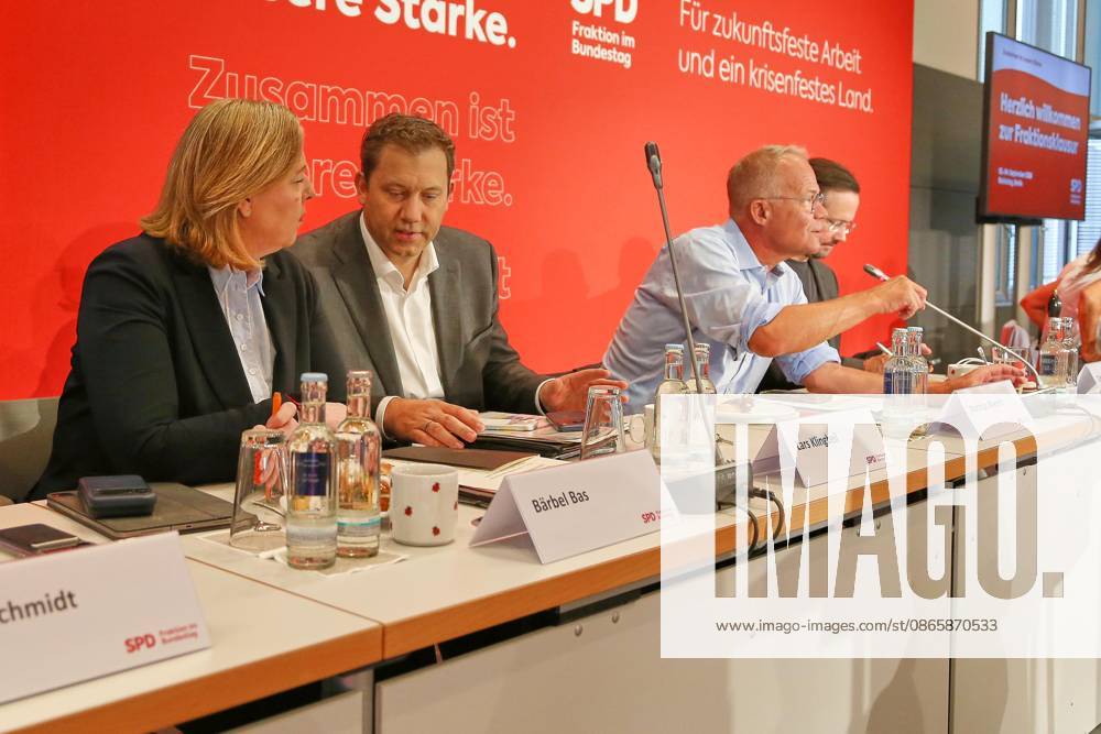 German Bundestag SPD Caucus Meeting Federal Minister of Labor and Social Affairs Bärbel Bas (SPD), Federal Minister of Finance Lars Klingbeil (SPD), Matthias Miersch (SPD), and Dirk Wiese (SPD)