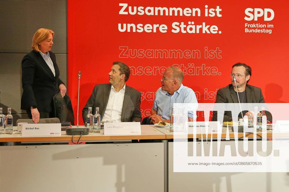 German Bundestag SPD Caucus Meeting Federal Minister of Labor and Social Affairs Bärbel Bas (SPD), Federal Minister of Finance Lars Klingbeil (SPD), Matthias Miersch (SPD), and Dirk Wiese (SPD)
