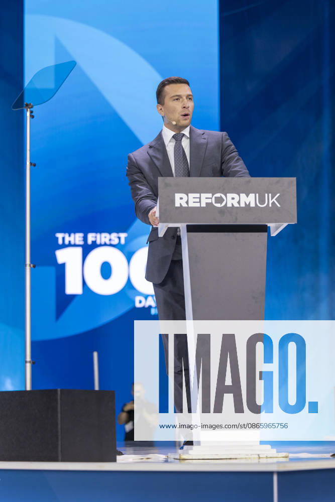 Jordan Bardella delivers keynote speech at Reform UK Conference 4 September 2026, Birmingham, UK: Jordan Bardella, President of National Rally, delivers a keynote speech on the main stage during the Reform UK National Conference 2026 at the NEC Birmingham. Bardella addresses delegates during the first day of the conference, bringing an international political dimension to the Reform UK event., Credit:Abdullah Bailey Anthony Bailey - B2421 Avalon