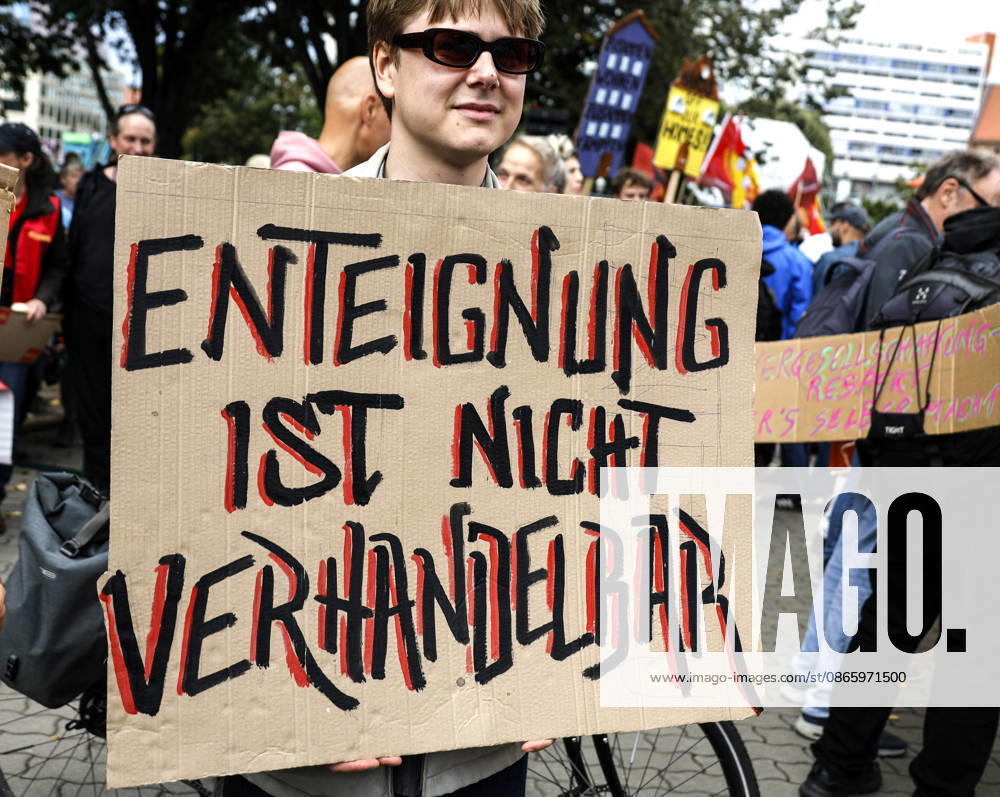 Rent Protest: A protester holding a sign that reads Expropriation is non-negotiable demonstrates against high rents and gentrification and in favor of expropriating housing corporations; thousands of people protested in Berlin on September 5, 2026. Berlin, Berlin, Germany