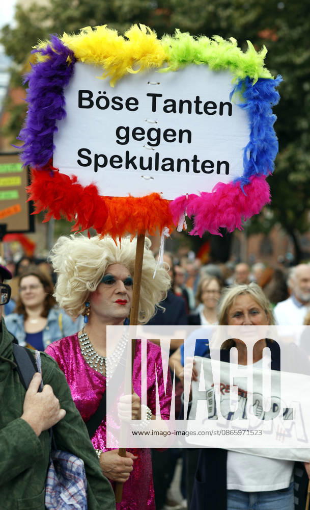 Rent Protest: A protester holding a sign reading Mean Aunts Against Speculators during a demonstration against high rents and gentrification and in favor of expropriating housing corporations; thousands of people protested in Berlin, September 5, 2026, Berlin, Berlin, Germany